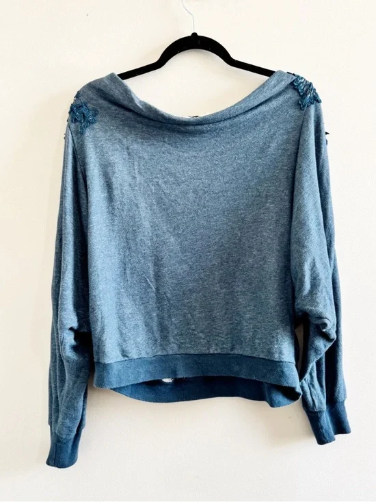 ANTHROPOLOGIE Lace Applique Blue Crewneck Sweater Meadow Rue Lightweight - Picture 2 of 7